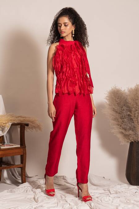 Vanshika Agarwal Label_Red Organza, Taffeta, Brocade Ruffles High Neck Top And Pant Set _Online_at_Aza_Fashions