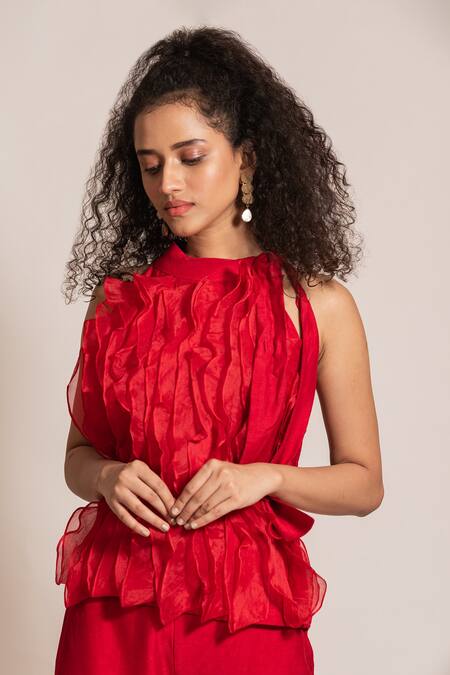 Buy_Vanshika Agarwal Label_Red Organza, Taffeta, Brocade Ruffles High Neck Top And Pant Set _Online_at_Aza_Fashions