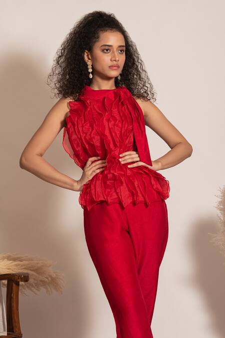 Shop_Vanshika Agarwal Label_Red Organza, Taffeta, Brocade Ruffles High Neck Top And Pant Set _Online_at_Aza_Fashions