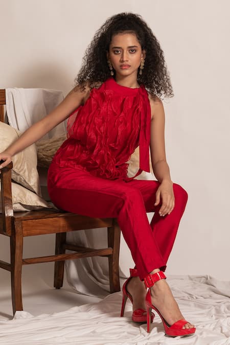 Vanshika Agarwal Label_Red Organza, Taffeta, Brocade Ruffles High Neck Top And Pant Set _at_Aza_Fashions