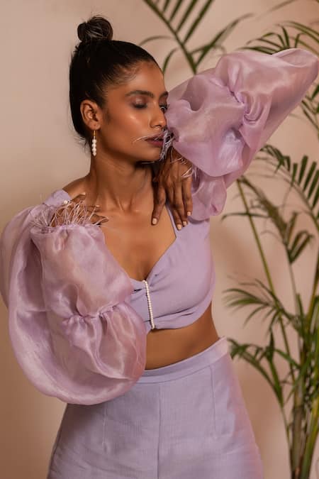 Buy Vanshika Agarwal Label Purple Organza, Pleated Chiffon, Bamberg Silk, Lining Embroidered Top And Pant Set Online at Aza Fashions Buy_Vanshika Agarwal Label_Purple Organza, Pleated Chiffon, Bamberg Silk, Lining Embroidered Top And Pant Set _Online_at_Aza_Fashions