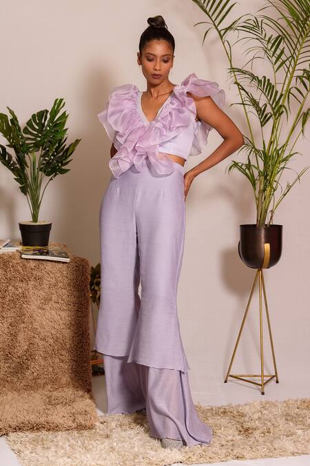 Shop Vanshika Agarwal Label Purple Organza, Pleated Chiffon, Bamberg Silk, Lining Embroidered Top And Pant Set Online at Aza Fashions Shop_Vanshika Agarwal Label_Purple Organza, Pleated Chiffon, Bamberg Silk, Lining Embroidered Top And Pant Set _Online_at_Aza_Fashions