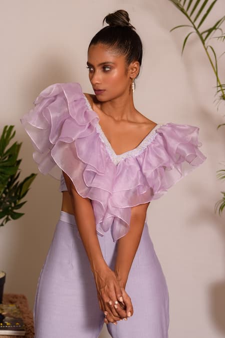 Buy Vanshika Agarwal Label Purple Organza, Pleated Chiffon, Bamberg Silk, Lining Embroidered Top And Pant Set Buy_Vanshika Agarwal Label_Purple Organza, Pleated Chiffon, Bamberg Silk, Lining Embroidered Top And Pant Set
