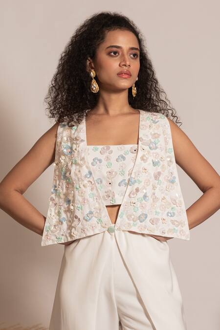 Shop_Vanshika Agarwal Label_White Taffeta, Cotton Embroidery, Sequins 3d Floral Applique Top And Pant Set_Online_at_Aza_Fashions