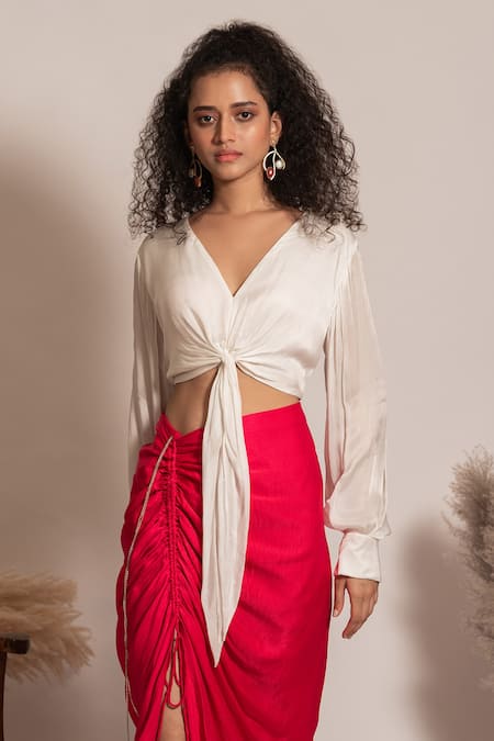 Vanshika Agarwal Label_Pink Satin, Georgette V-neck Front Knotted Crop Top And Ruched Skirt Set _Online_at_Aza_Fashions