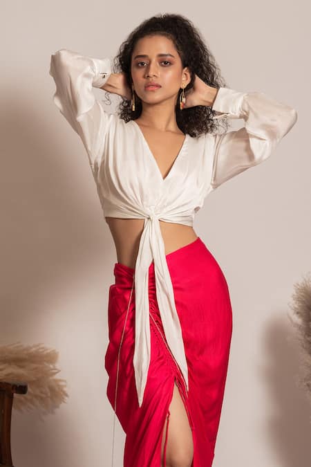 Buy_Vanshika Agarwal Label_Pink Satin, Georgette V-neck Front Knotted Crop Top And Ruched Skirt Set _Online_at_Aza_Fashions