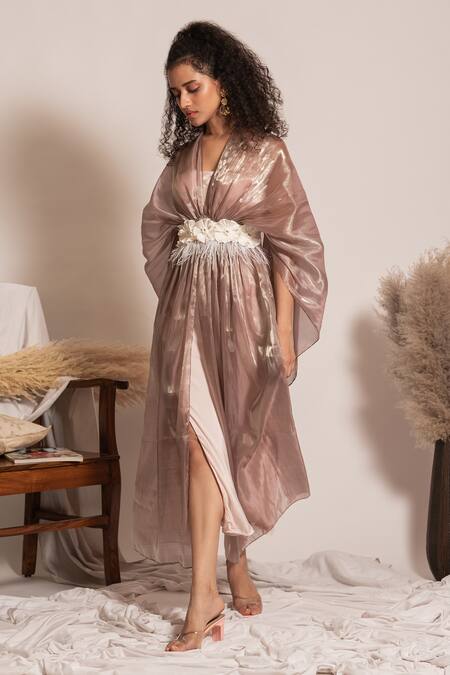 Vanshika Agarwal Label White Taffeta, Crepe, Organza Applique V-neck, V Dress And Metallic Jacket Set Online at Aza Fashions Vanshika Agarwal Label_White Taffeta, Crepe, Organza Applique V-neck, V Dress And Metallic Jacket Set _Online_at_Aza_Fashions