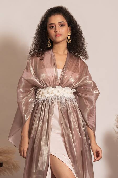 Shop Vanshika Agarwal Label White Taffeta, Crepe, Organza Applique V-neck, V Dress And Metallic Jacket Set Online at Aza Fashions Shop_Vanshika Agarwal Label_White Taffeta, Crepe, Organza Applique V-neck, V Dress And Metallic Jacket Set _Online_at_Aza_Fashions