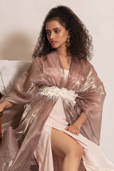 Vanshika Agarwal Label_White Taffeta, Crepe, Organza Applique V-neck, V Dress And Metallic Jacket Set _at_Aza_Fashions