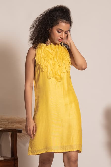 Vanshika Agarwal Label Yellow Organza, Brs, Lining Taffeta Round Neck Kara Ruffle Dress Online at Aza Fashions Vanshika Agarwal Label_Yellow Organza, Brs, Lining Taffeta Round Neck Kara Ruffle Dress _Online_at_Aza_Fashions