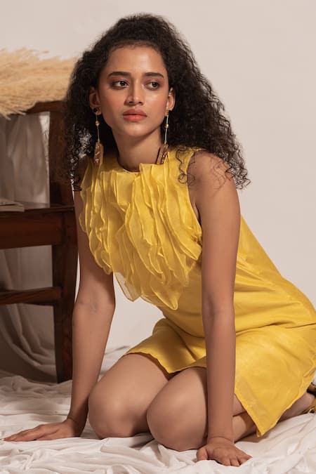 Shop Vanshika Agarwal Label Yellow Organza, Brs, Lining Taffeta Round Neck Kara Ruffle Dress Online at Aza Fashions Shop_Vanshika Agarwal Label_Yellow Organza, Brs, Lining Taffeta Round Neck Kara Ruffle Dress _Online_at_Aza_Fashions