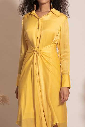 Shop_Vanshika Agarwal Label_Yellow Satin, Taffeta Collared Front Tie-up Midi Dress _Online_at_Aza_Fashions
