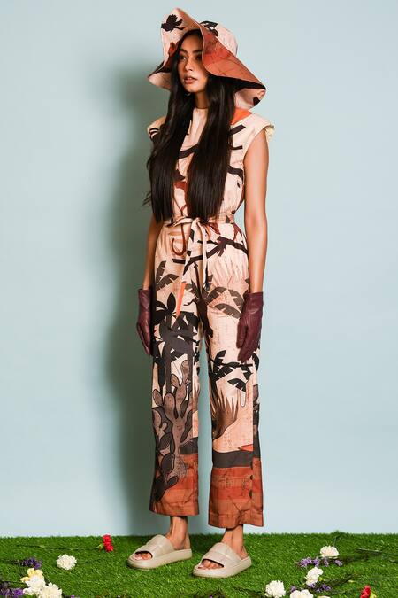 The Dramebaaz CO Brown Cotton, Silk Round Neck Safari Print Jumpsuit Online at Aza Fashions The Dramebaaz CO_Brown Cotton, Silk Round Neck Safari Print Jumpsuit _Online_at_Aza_Fashions