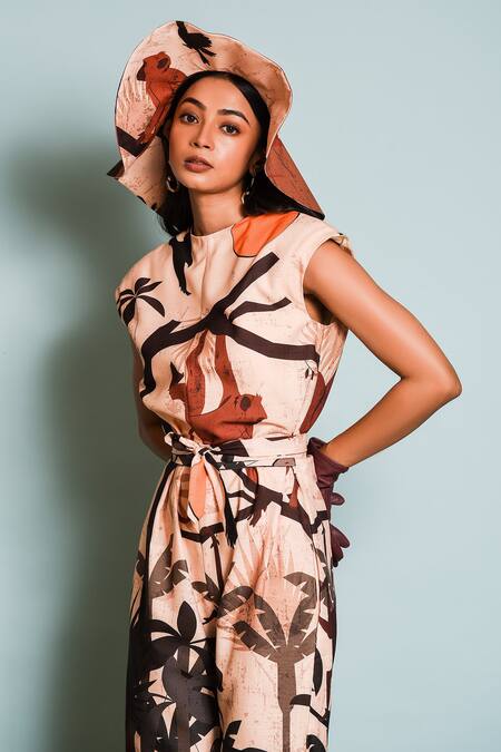 Buy The Dramebaaz CO Brown Cotton, Silk Round Neck Safari Print Jumpsuit Online at Aza Fashions Buy_The Dramebaaz CO_Brown Cotton, Silk Round Neck Safari Print Jumpsuit _Online_at_Aza_Fashions