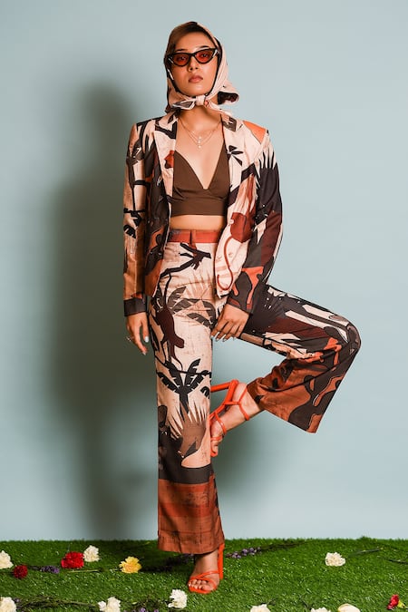 Shop_The Dramebaaz CO_Brown Linen, Silk, Cotton V-neck Double Breasted Printed Blazer Pant Set _Online_at_Aza_Fashions