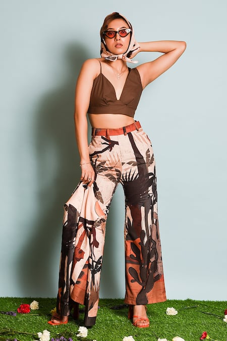 The Dramebaaz CO_Brown Linen, Silk, Cotton V-neck Double Breasted Printed Blazer Pant Set _at_Aza_Fashions