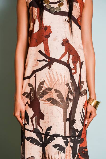 The Dramebaaz CO_Brown Linen Round Neck Safari Print Side Slit Dress _Online_at_Aza_Fashions