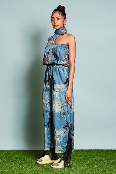 Shop The Dramebaaz CO Blue Linen Tassels Bandeau Neck Mandril Print Tube Jumpsuit Online at Aza Fashions Shop_The Dramebaaz CO_Blue Linen Tassels Bandeau Neck Mandril Print Tube Jumpsuit _Online_at_Aza_Fashions