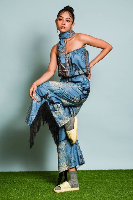 The Dramebaaz CO Blue Linen Tassels Bandeau Neck Mandril Print Tube Jumpsuit at Aza Fashions The Dramebaaz CO_Blue Linen Tassels Bandeau Neck Mandril Print Tube Jumpsuit _at_Aza_Fashions