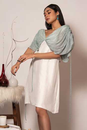 Vanshika Agarwal Label_Blue Bamberg Silk, Lining Taffeta, Platnoir Foil Chloe Ruched Sleeve Dress _Online_at_Aza_Fashions