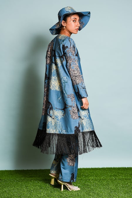 Shop_The Dramebaaz CO_Blue Linen Tassels Open Neck Mandril Print Jacket With Pant _Online_at_Aza_Fashions