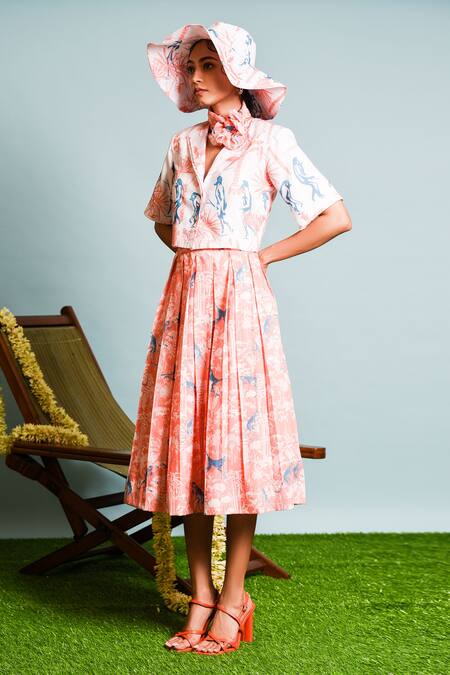 Buy_The Dramebaaz CO_White Muslin, Silk, Linen Collared Safari Print Crop Top With Pleated Skirt _Online_at_Aza_Fashions