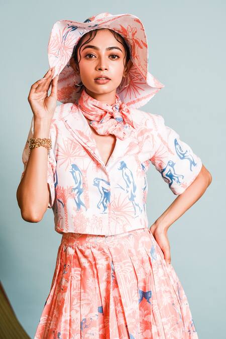 Shop_The Dramebaaz CO_White Muslin, Silk, Linen Collared Safari Print Crop Top With Pleated Skirt _Online_at_Aza_Fashions