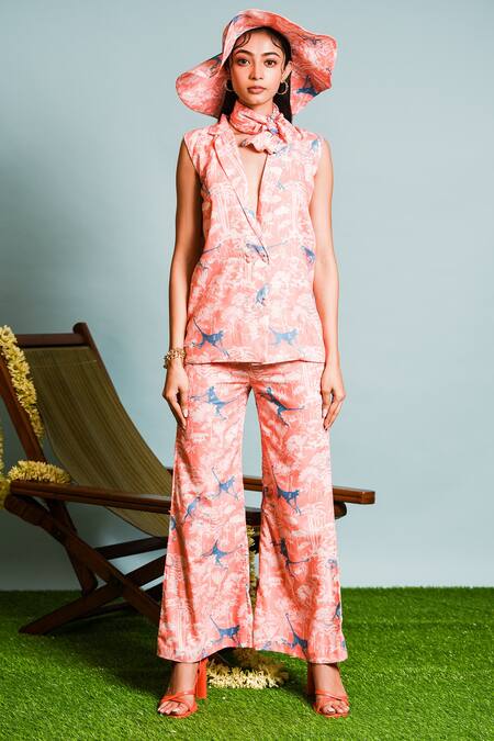 Shop The Dramebaaz CO Orange Muslin V-neck Safari Print Jacket With Flared Pant Online at Aza Fashions Shop_The Dramebaaz CO_Orange Muslin V-neck Safari Print Jacket With Flared Pant _Online_at_Aza_Fashions