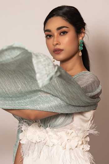 Vanshika Agarwal Label_White Hammered Satin, Lining Princess Cut Dress With Embellished Drape Belt _Online_at_Aza_Fashions