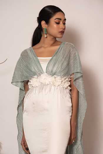Buy_Vanshika Agarwal Label_White Hammered Satin, Lining Princess Cut Dress With Embellished Drape Belt _Online_at_Aza_Fashions