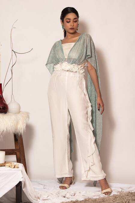 Buy_Vanshika Agarwal Label_White Bamboo, Silk, Crepe, Taffeta Embroidery, Blue And Crop Top Pant Set _Online_at_Aza_Fashions