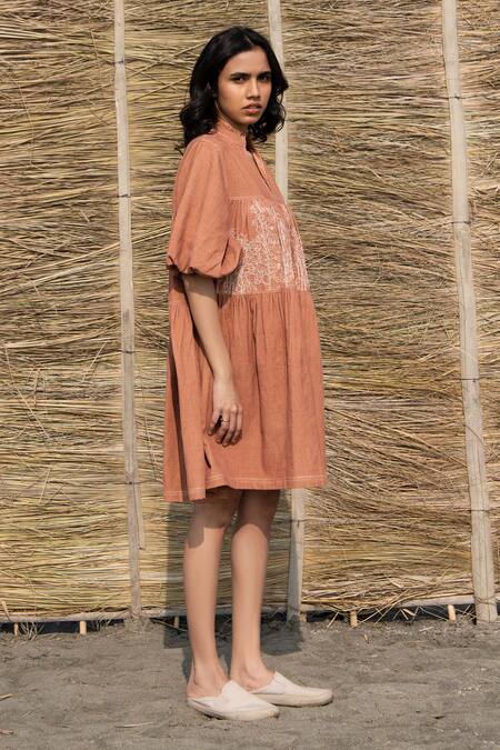 Ayaka_Brown Corduroy Embroidery Asymmetric Floral Patchwork Puff Sleeve Dress _Online_at_Aza_Fashions