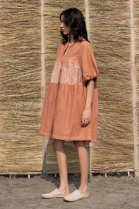 Buy_Ayaka_Brown Corduroy Embroidery Asymmetric Floral Patchwork Puff Sleeve Dress _Online_at_Aza_Fashions