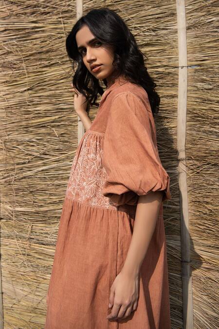 Shop_Ayaka_Brown Corduroy Embroidery Asymmetric Floral Patchwork Puff Sleeve Dress _Online_at_Aza_Fashions