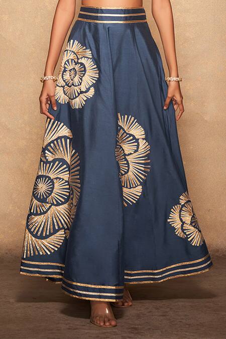 Gulabo By Abu Sandeep Blue 100% Pure Chanderi Silk Embellished Gota Rose Skirt Online at Aza Fashions Gulabo By Abu Sandeep_Blue 100% Pure Chanderi Silk Embellished Gota Rose Skirt_Online_at_Aza_Fashions