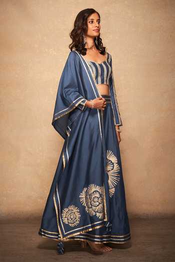 Gulabo By Abu Sandeep Blue 100% Pure Chanderi Silk Gota Patti Rose Pattern Dupatta Online at Aza Fashions Gulabo By Abu Sandeep_Blue 100% Pure Chanderi Silk Gota Patti Rose Pattern Dupatta _Online_at_Aza_Fashions