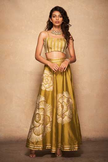 Buy_Gulabo By Abu Sandeep_Green 100% Pure Chanderi Silk Gota Sweetheart Strappy Stripe Pattern Bralette_Online_at_Aza_Fashions