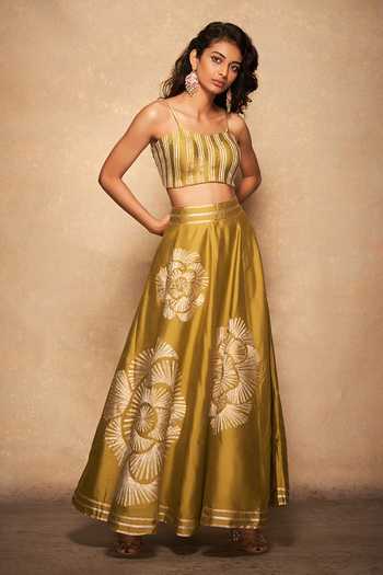 Shop_Gulabo By Abu Sandeep_Green 100% Pure Chanderi Silk Gota Sweetheart Strappy Stripe Pattern Bralette_Online_at_Aza_Fashions