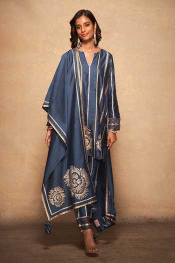 Shop Gulabo By Abu Sandeep Blue 100% Pure Chanderi Silk Gota Patti Rose Pattern Dupatta Online at Aza Fashions Shop_Gulabo By Abu Sandeep_Blue 100% Pure Chanderi Silk Gota Patti Rose Pattern Dupatta _Online_at_Aza_Fashions