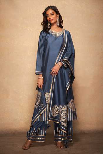 Gulabo By Abu Sandeep Blue 100% Pure Chanderi Silk Gota Patti Rose Pattern Dupatta at Aza Fashions Gulabo By Abu Sandeep_Blue 100% Pure Chanderi Silk Gota Patti Rose Pattern Dupatta _at_Aza_Fashions