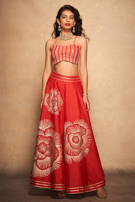 Gulabo by Abu Sandeep Red 100% Pure Chanderi Silk Embellished Gota Rose Pattern Skirt 