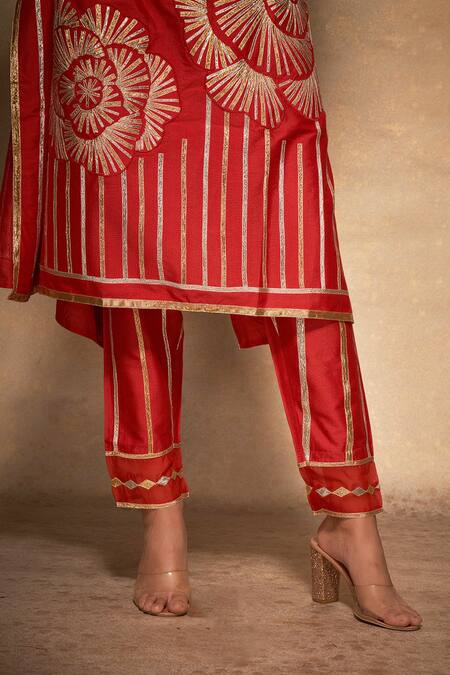 Shop_Gulabo By Abu Sandeep_Red 100% Pure Chanderi Silk Embellished Gota Stripe Pattern Straight Fit Pant_Online_at_Aza_Fashions