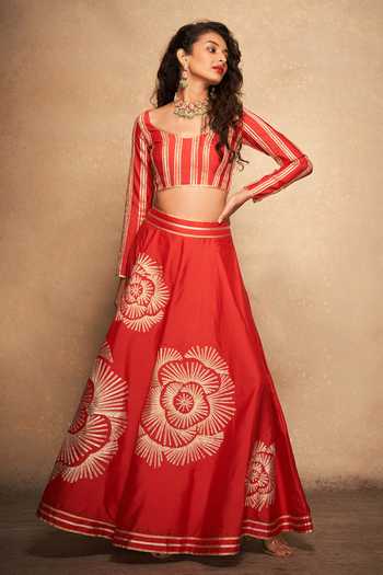 Gulabo By Abu Sandeep Red 100% Pure Chanderi Silk Gota Leaf Neck Patti Embellished Full Sleeve Blouse Online at Aza Fashions Gulabo By Abu Sandeep_Red 100% Pure Chanderi Silk Gota Leaf Neck Patti Embellished Full Sleeve Blouse _Online_at_Aza_Fashions