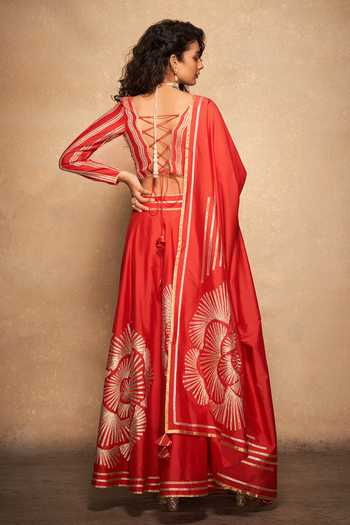 Shop Gulabo By Abu Sandeep Red 100% Pure Chanderi Silk Gota Leaf Neck Patti Embellished Full Sleeve Blouse Online at Aza Fashions Shop_Gulabo By Abu Sandeep_Red 100% Pure Chanderi Silk Gota Leaf Neck Patti Embellished Full Sleeve Blouse _Online_at_Aza_Fashions