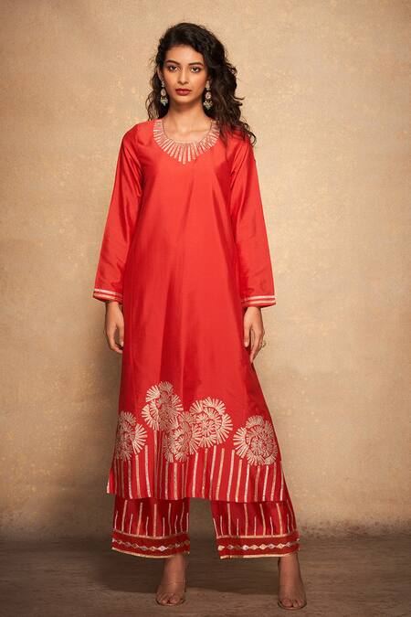 Gulabo By Abu Sandeep_Red 100% Pure Chanderi Silk Embellished Gota Hem Straight Pant _Online_at_Aza_Fashions