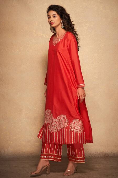 Buy_Gulabo By Abu Sandeep_Red 100% Pure Chanderi Silk Embellished Gota Hem Straight Pant _Online_at_Aza_Fashions