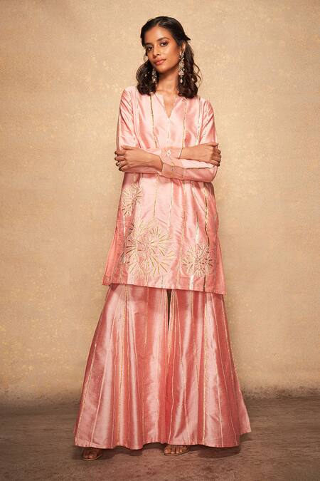 Gulabo By Abu Sandeep_Pink 100% Pure Chanderi Silk Embellished Gota Notched Patti Stripe Pattern Kurta_Online_at_Aza_Fashions