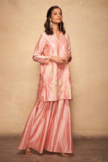 Buy_Gulabo By Abu Sandeep_Pink 100% Pure Chanderi Silk Embellished Gota Notched Patti Stripe Pattern Kurta_Online_at_Aza_Fashions