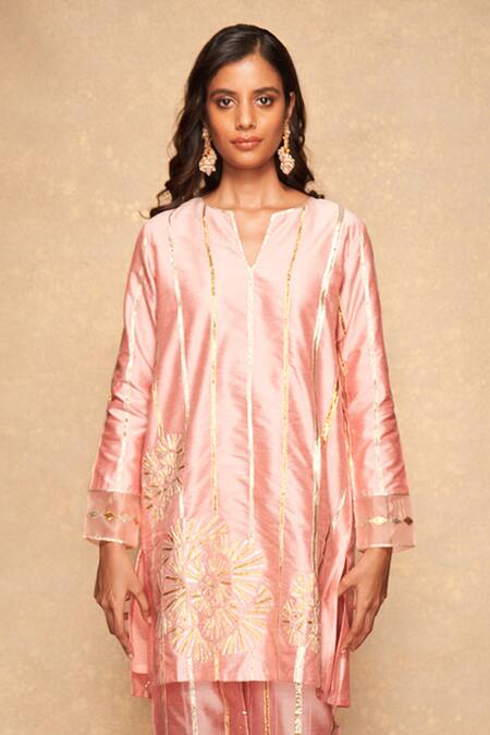 Shop_Gulabo By Abu Sandeep_Pink 100% Pure Chanderi Silk Embellished Gota Notched Patti Stripe Pattern Kurta_Online_at_Aza_Fashions