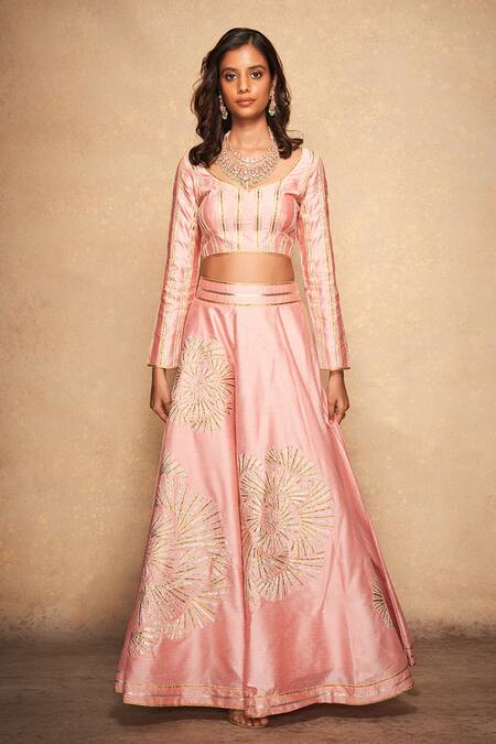 Gulabo By Abu Sandeep_Pink 100% Pure Chanderi Silk Embellished Gota Placement Rose Pattern Skirt_Online_at_Aza_Fashions